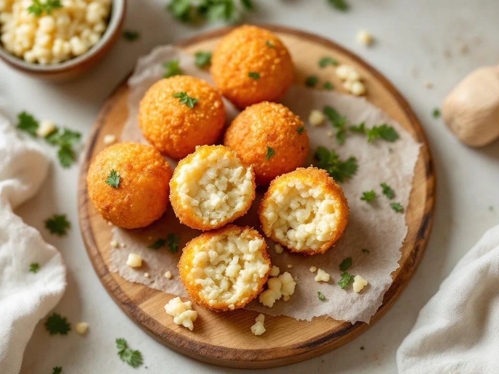 Gouden arancini op houten plank, één opengebroken met romige rijstvulling, gegarneerd met verse kruiden