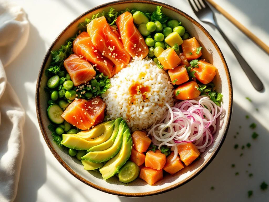 Poké bowl met zalm, avocado, edamame, komkommer en radijs op witte ondergrond, bovenaanzicht met natuurlijk licht