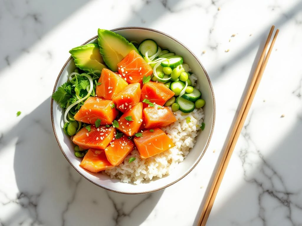 Verse poké bowl met zalm, rijst, avocado, edamame en komkommer op wit marmeren oppervlak met eetstokjes