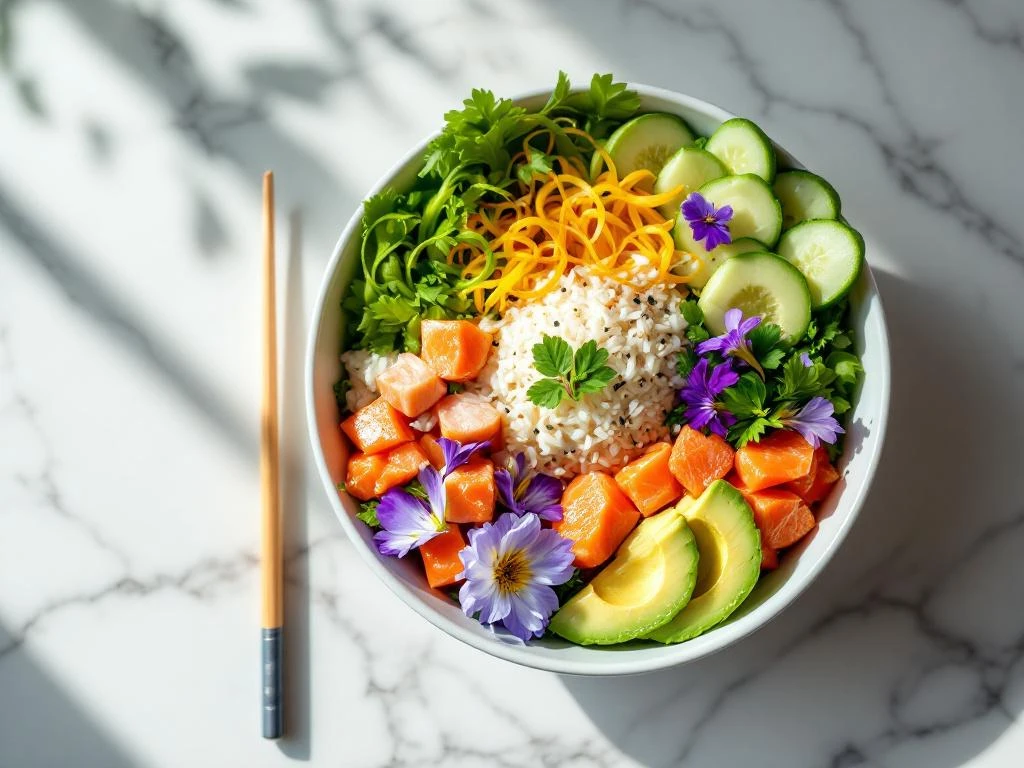 Kleurrijke poké bowl met verse zalm, rijst, avocado, komkommer en eetbare bloemen op marmeren ondergrond
