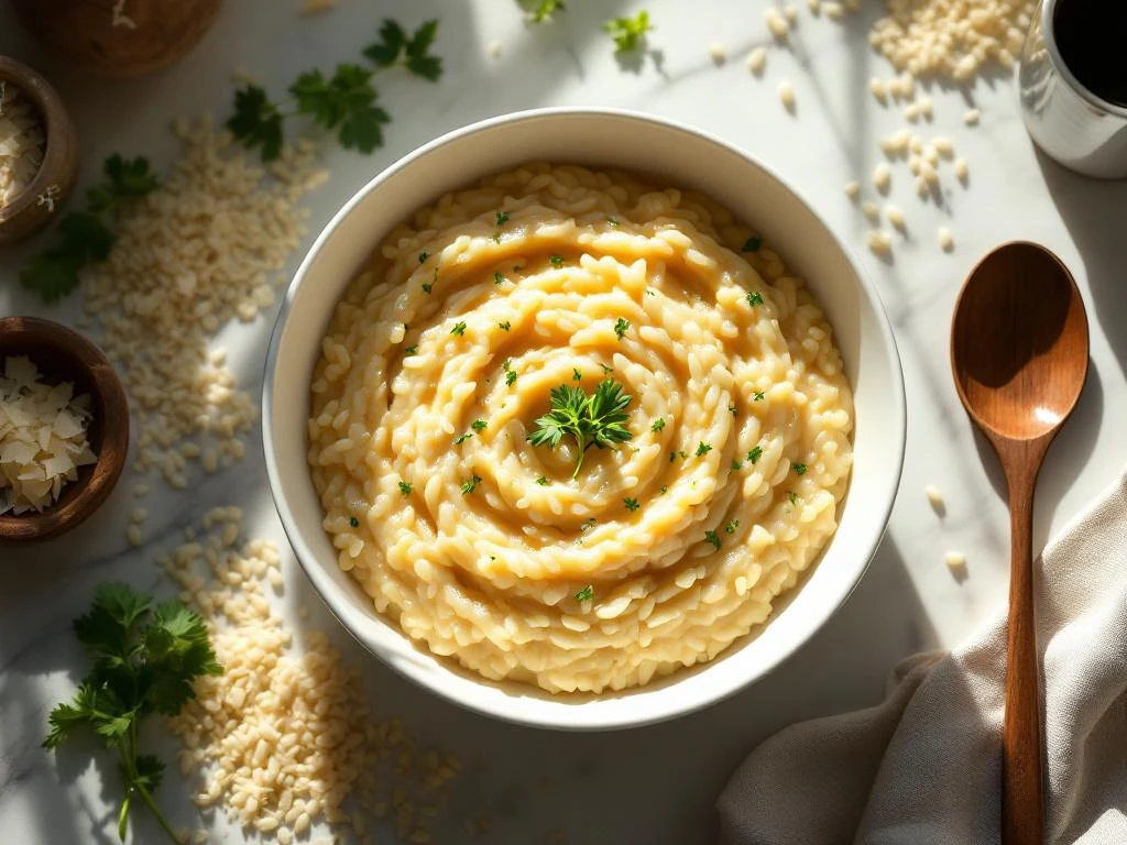 Cremige risotto in witte kom met parmezaan, verse kruiden en arborio rijst op marmeren aanrecht