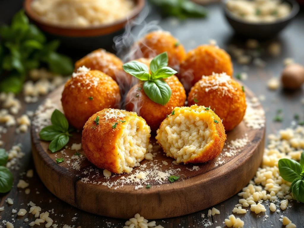 Goudbruine arancini op houten plank met basilicum, Parmezaan en zichtbare romige risotto vulling