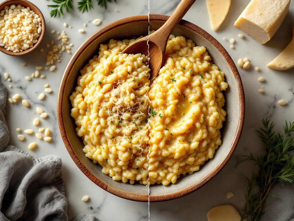 Risotto in keramische kom, half perfect bereid en half mislukt, met houten lepel op marmeren aanrecht