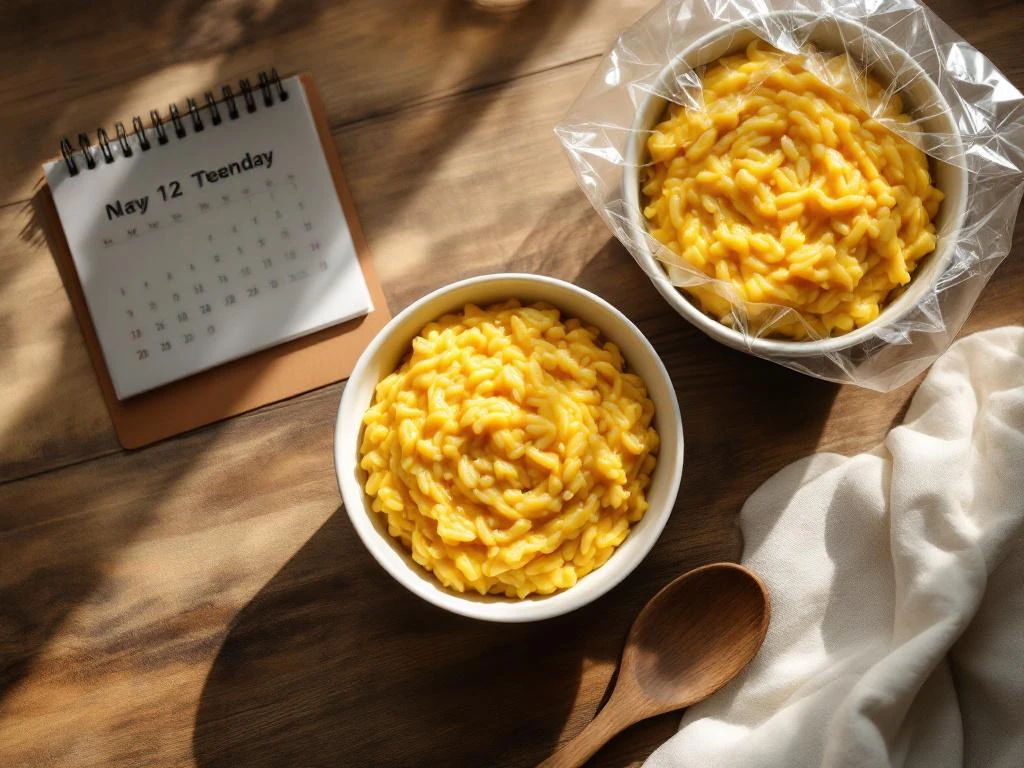 Kom met romige saffraan risotto in witte keramische kom op rustieke houten tafel met kalender en houten lepel