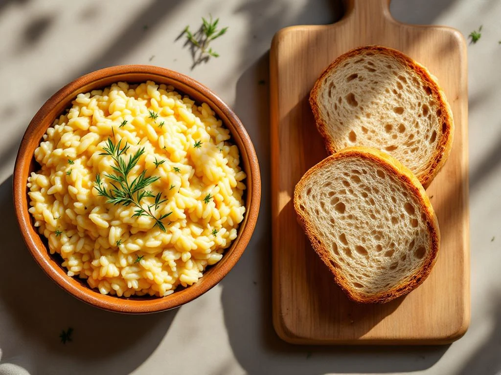 Cremige gouden risotto in keramische kom naast volkoren brood op houten plank, bovenaanzicht met natuurlijk licht
(Note: This is 122 characters including spaces)