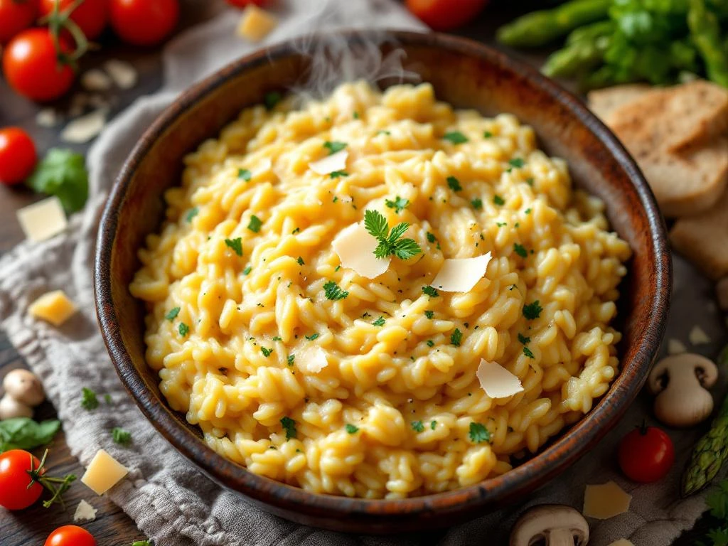 Romige gouden risotto met parmezaan en kruiden in rustieke kom, omringd door verse groenten op houten tafel