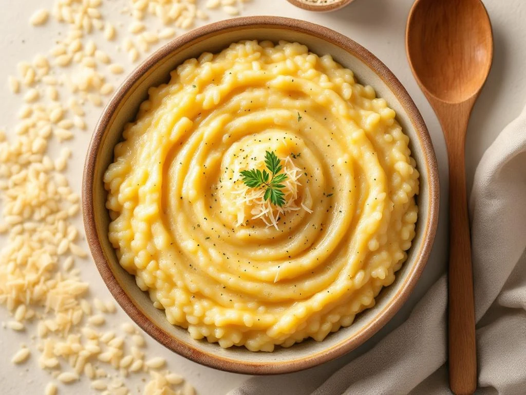 Romige risotto in rustieke kom van bovenaf, met parmezaan, rauwe rijst en houten lepel op lichte ondergrond