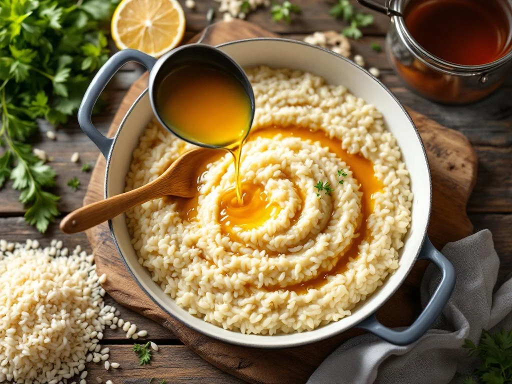Risotto wordt geroerd in een pan terwijl gouden bouillon wordt toegevoegd, met verse kruiden op houten tafel