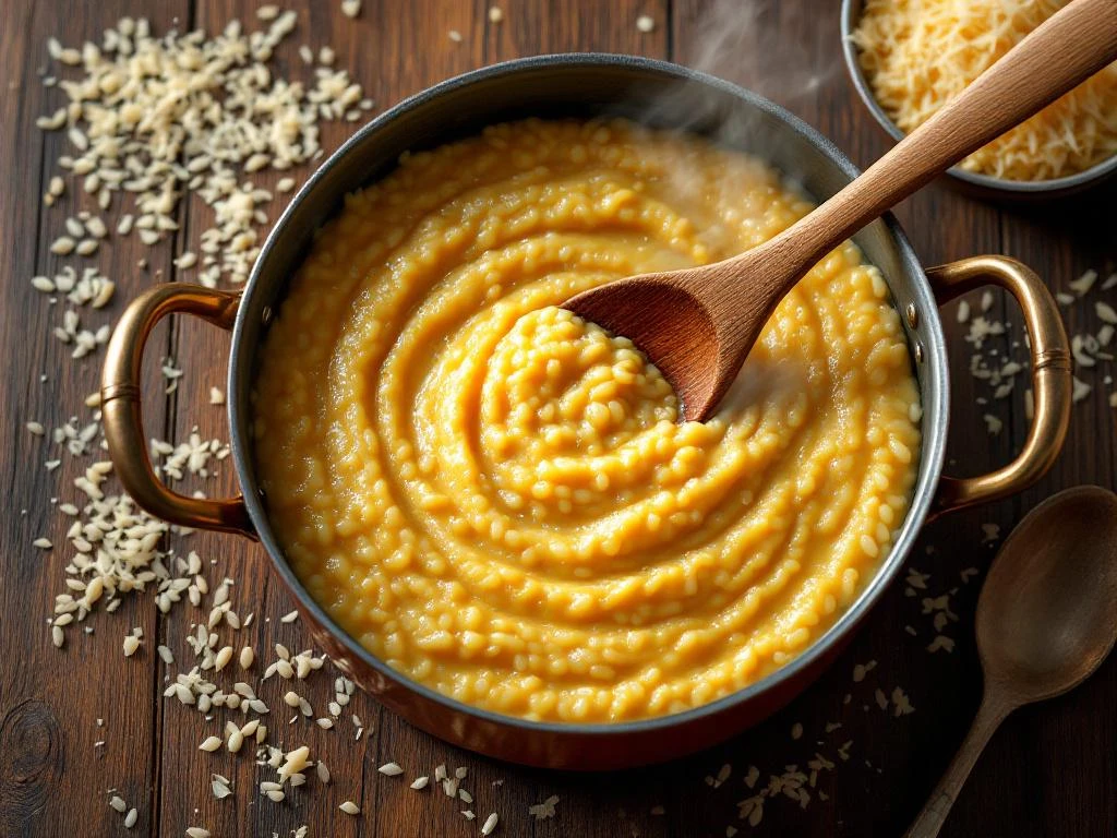 Gouden risotto in koperen pan met houten lepel, stijgende stoom en glanzende arborio rijstkorrels op houten tafel