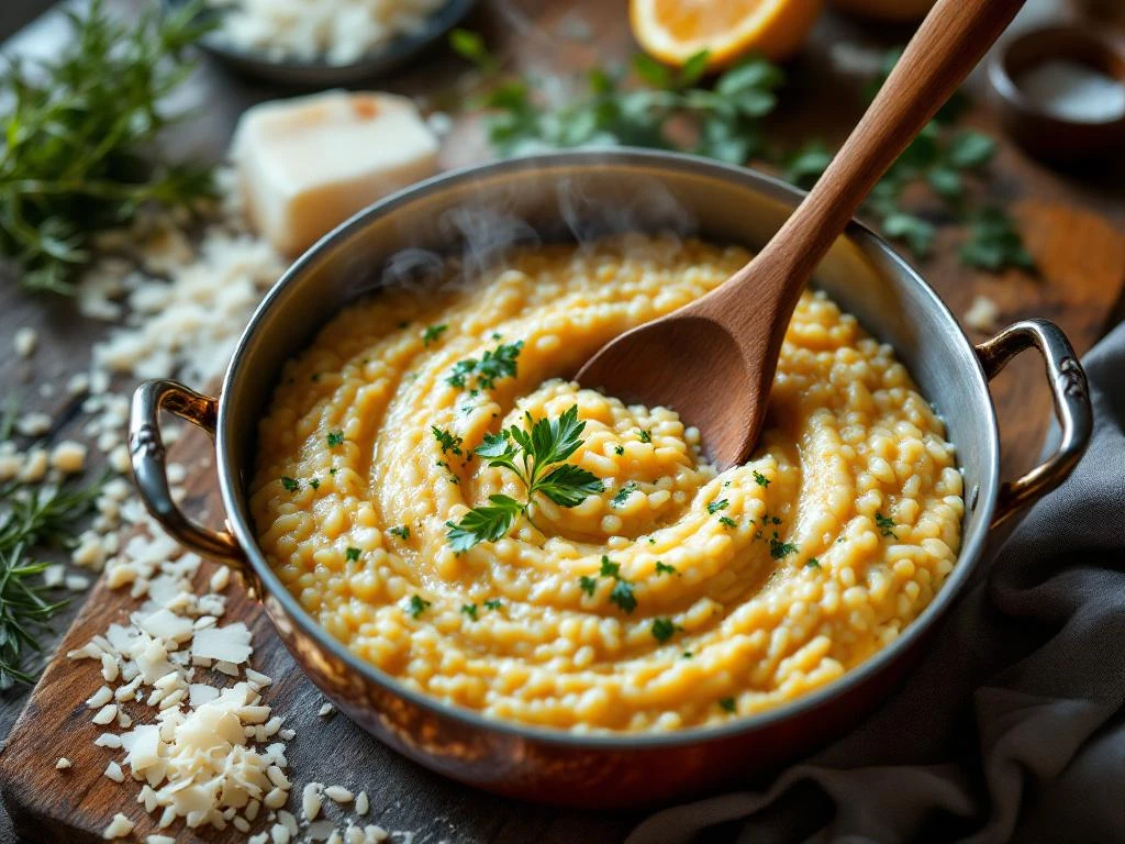 Gouden risotto in koperen pan met houten lepel, stijgende stoom en verse parmezaan op rustieke tafel