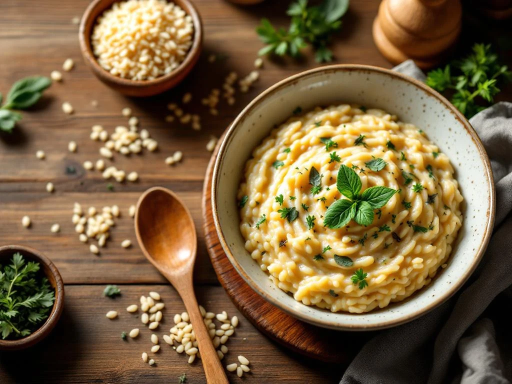 Romige risotto in keramische kom op rustieke houten tafel, gegarneerd met verse kruiden en omringd door ingrediënten.