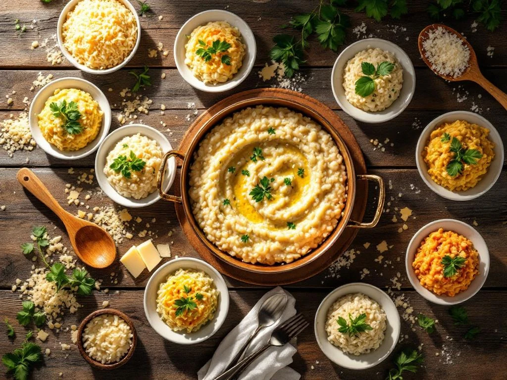 Romige risotto in koperen pan op houten tafel, omringd door zeven variaties in witte kommen met verse kruiden