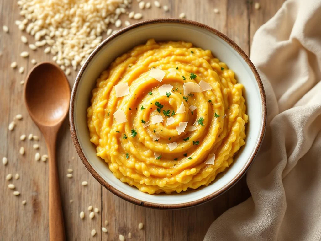 Romige saffraan risotto in keramische kom met parmezaan en kruiden, bovenaanzicht op rustieke houten tafel