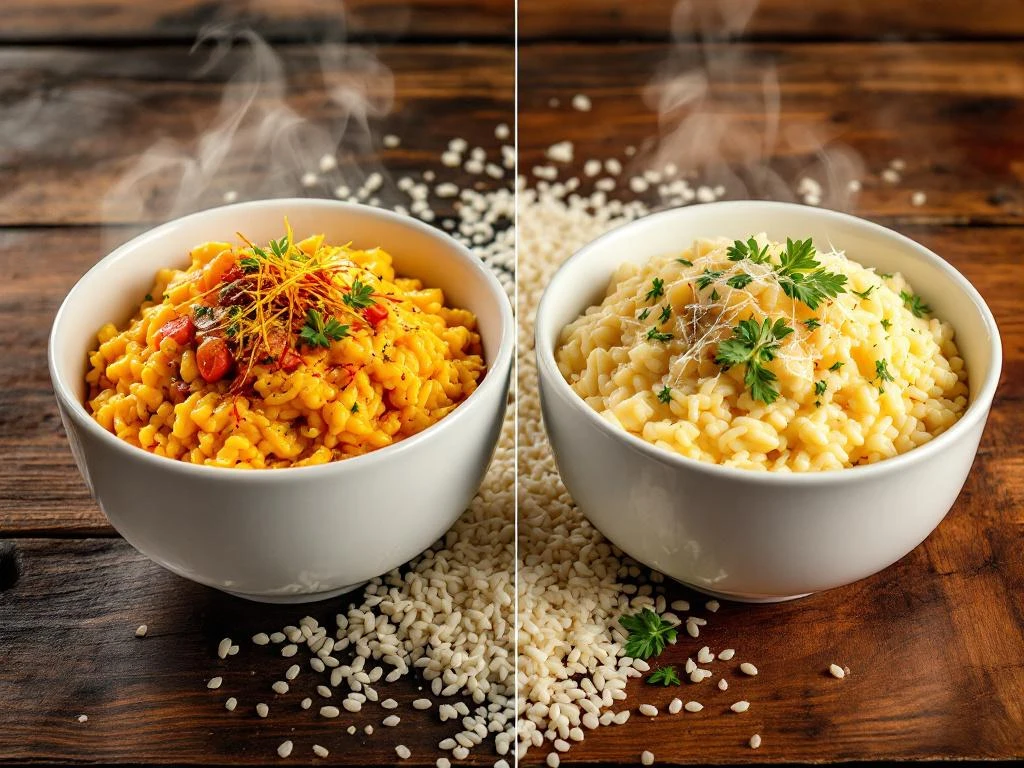 Twee kommen romige risotto op houten tafel, links met saffraan en paella-ingrediënten, rechts met parmezaan en kruiden