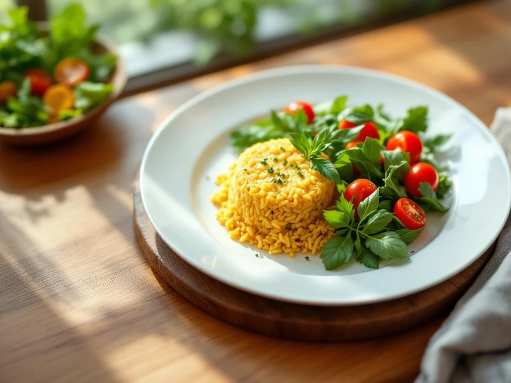Gouden saffraan risotto met verse kruiden en gemengde salade op rustieke houten tafel