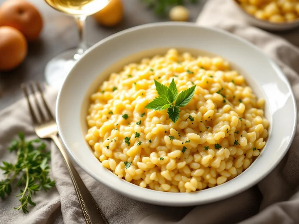 Goudgele risotto met verse kruiden in witte kom, geserveerd met glas witte wijn in natuurlijk daglicht