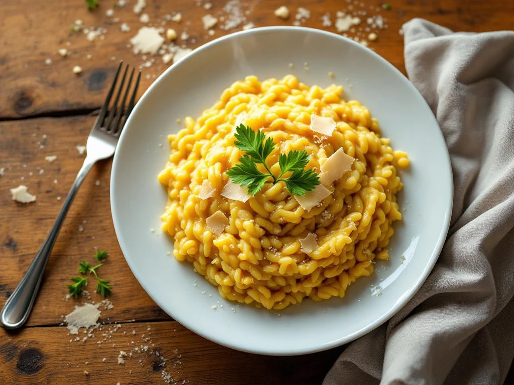 Gouden saffraan risotto op wit porseleinen bord met parmezaan en peterselie op rustieke houten tafel