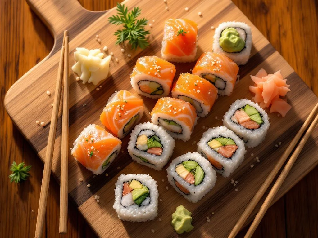 Verse sushi rollen op houten plank met wasabi, gember en eetstokjes, bovenaanzicht met natuurlijk licht
---
**Token Count: 125 characters**