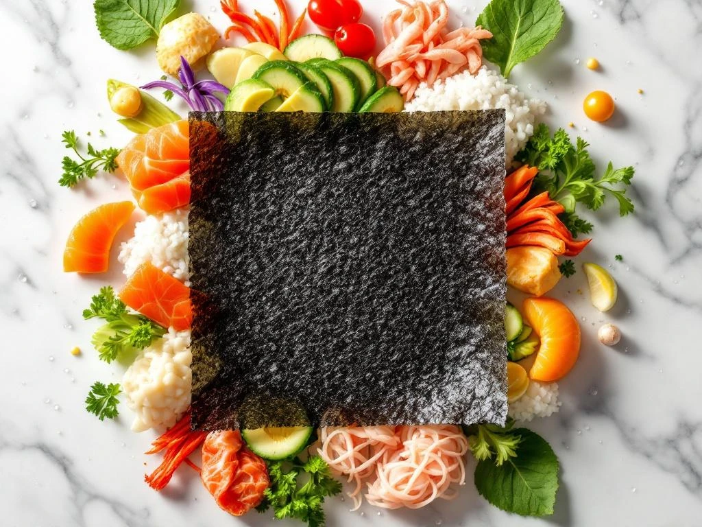 Nori vel omringd door verse sushi-ingrediënten zoals zalm, avocado, komkommer en rijst op wit marmer