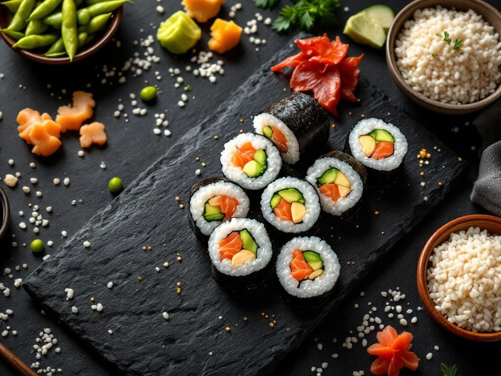 Verse sushi rollen met zalm, avocado en komkommer op leisteen, geserveerd met edamame, gember, wasabi en sojasaus