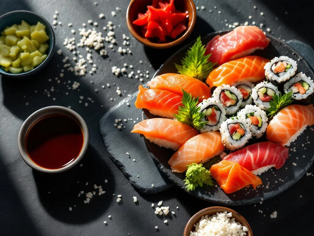 Sushi platter met nigiri, maki en sashimi op leisteen met sojasaus, gember en wasabi in natuurlijk licht