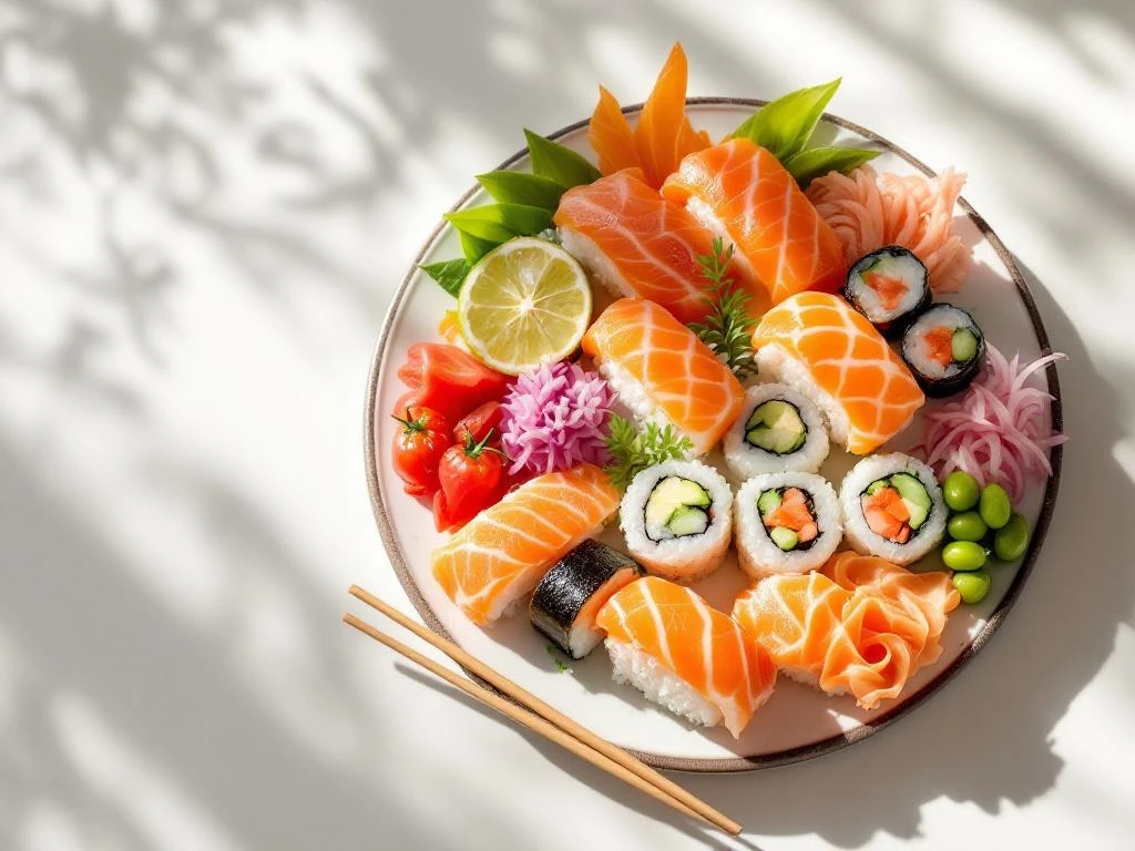 Elegante sushi platter met nigiri, maki rolls en zalm sashimi op witte ondergrond met eetstokjes en natuurlijk licht.