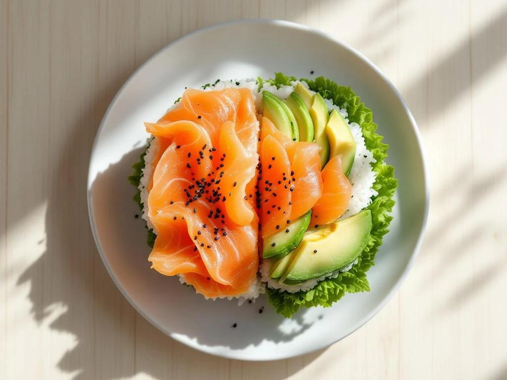 Gedeconstructeerde sushi sandwich met zalm, rijst, komkommer, avocado en sesamzaad op wit bord van bovenaf gefotografeerd