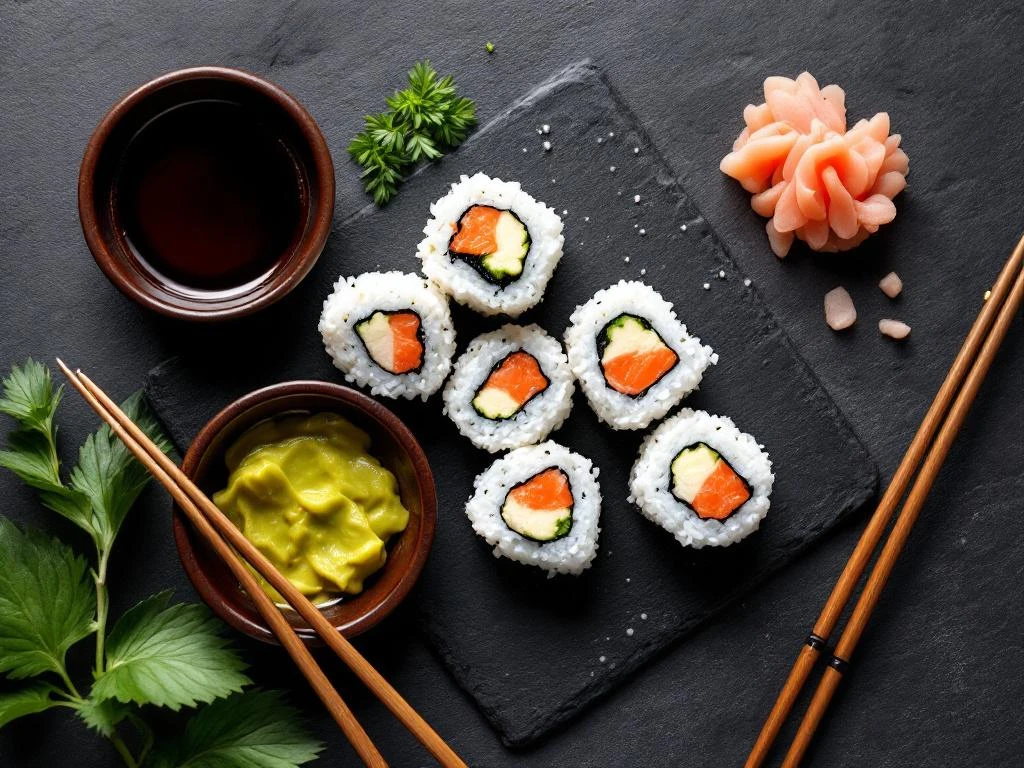 Sushi rolls met sojasaus, wasabi en gember op donkere lei, bovenaanzicht met eetstokjes