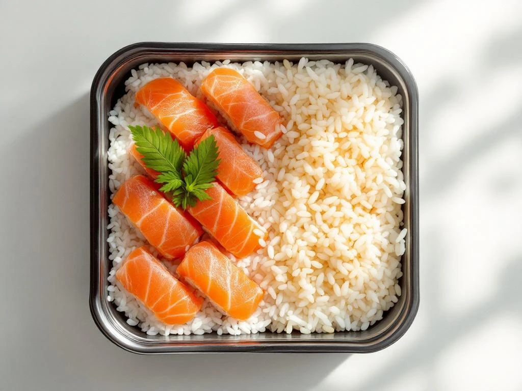 Supermarkt sushi-plateau met zalm nigiri en maki rolls naast verspreide rijstkorrels op witte ondergrond