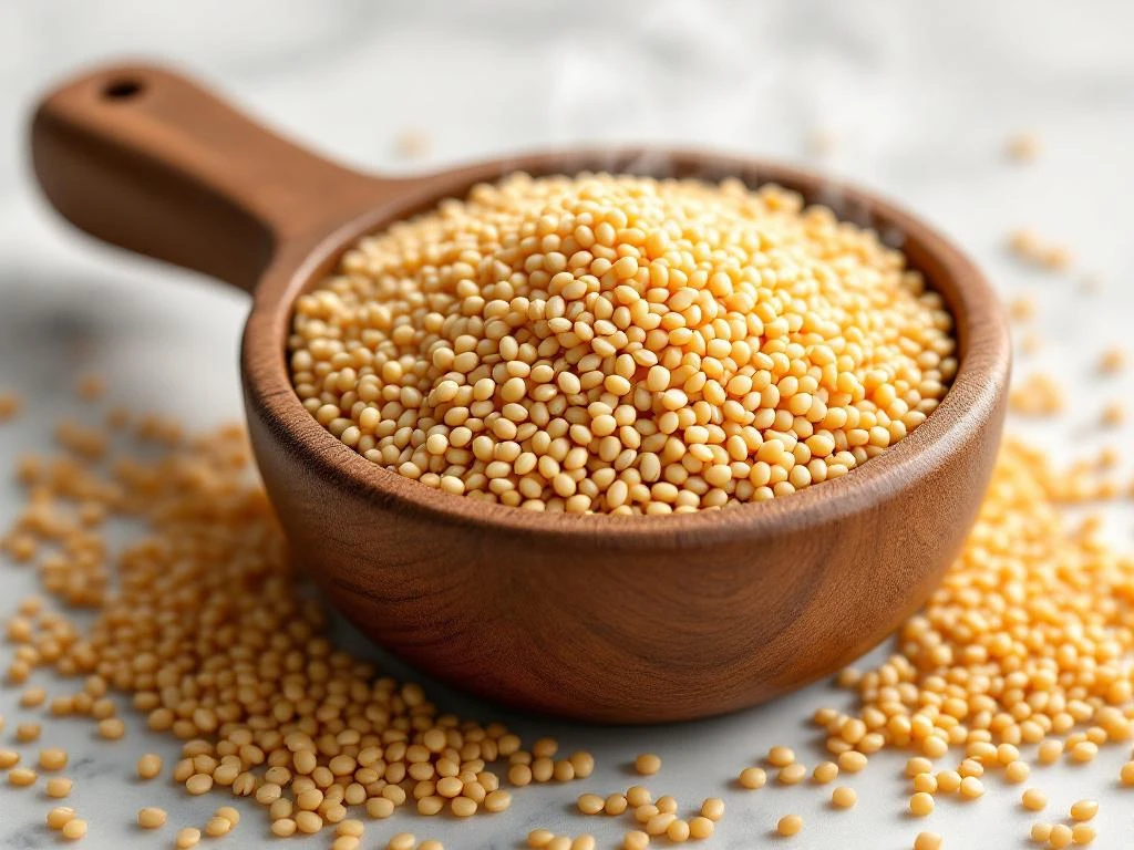 Gekookte quinoa in houten maatbeker op marmeren oppervlak met rauwe quinoazaden eromheen
