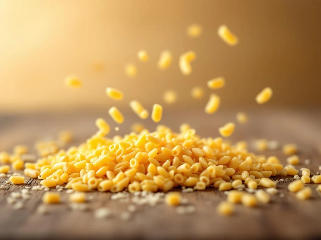 Gouden orzo pasta verspreid over rustieke houten ondergrond met rijstkorrels ter vergelijking, warme natuurlijke belichting