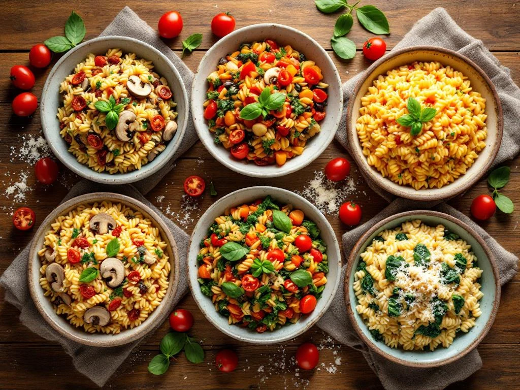 Vijf kleurrijke orzo pasta gerechten in rustieke kommen op houten tafel met verse ingrediënten en kruiden
