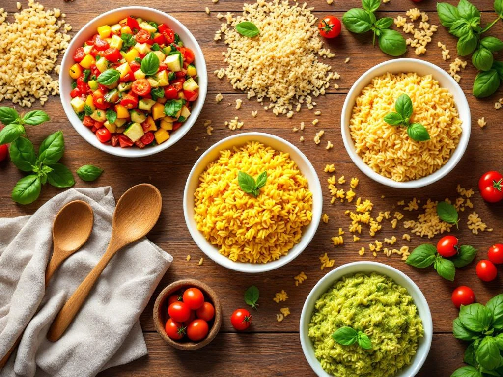 Drie witte kommen met kleurrijke orzo gerechten op houten tafel, omringd door verse ingrediënten en kruiden.
