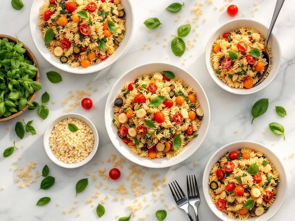 Kleurrijke orzo pastagerechten in witte kommen met mediterrane ingrediënten, kerstomaatjes en verse basilicum op marmeren ondergrond
