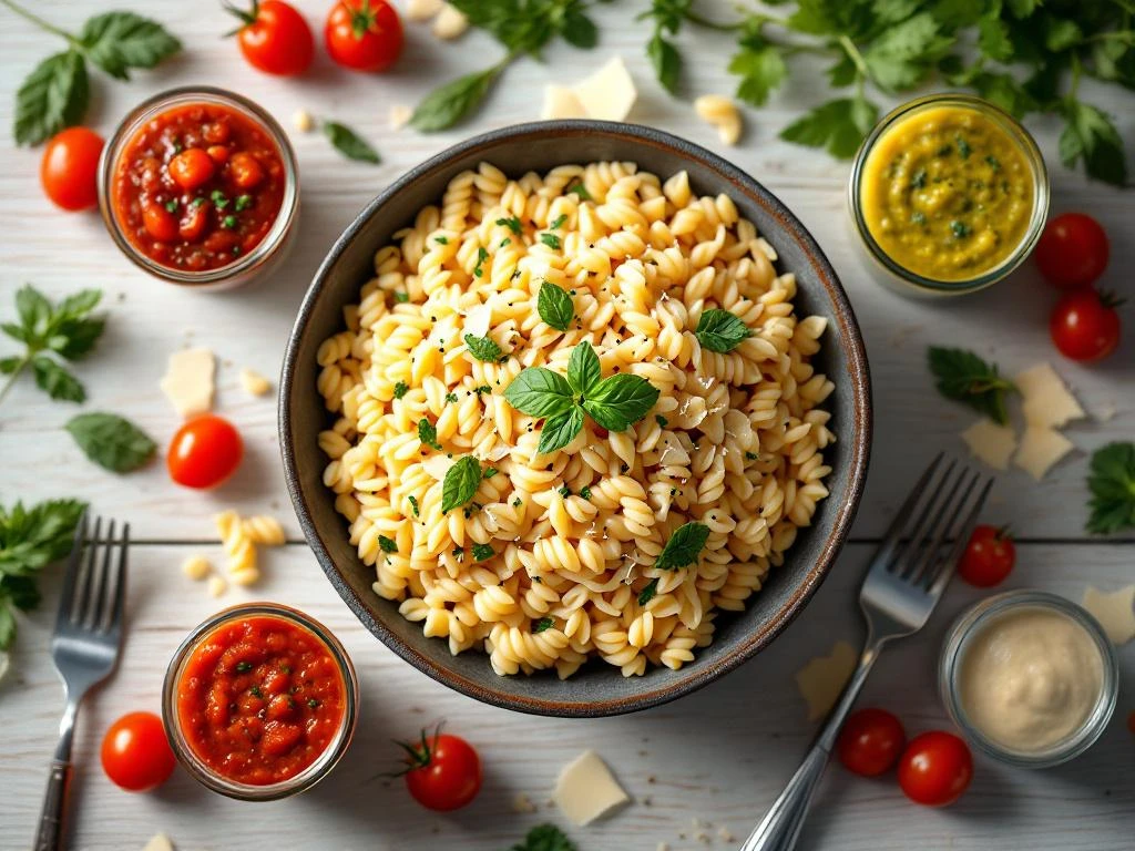 Orzo pasta in rustieke kom met vier kleurrijke sauzen, verse kruiden en parmezaan op houten ondergrond