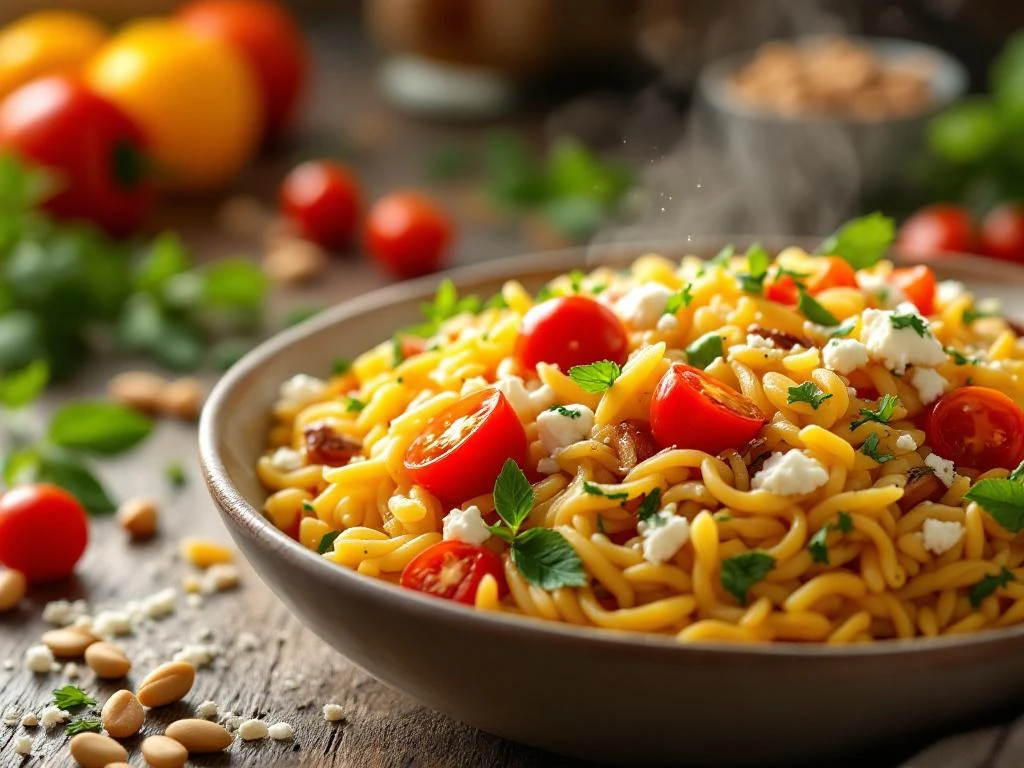 Dampende kom gouden orzo pasta met geroosterde groenten, feta en pijnboompitten op rustieke houten tafel