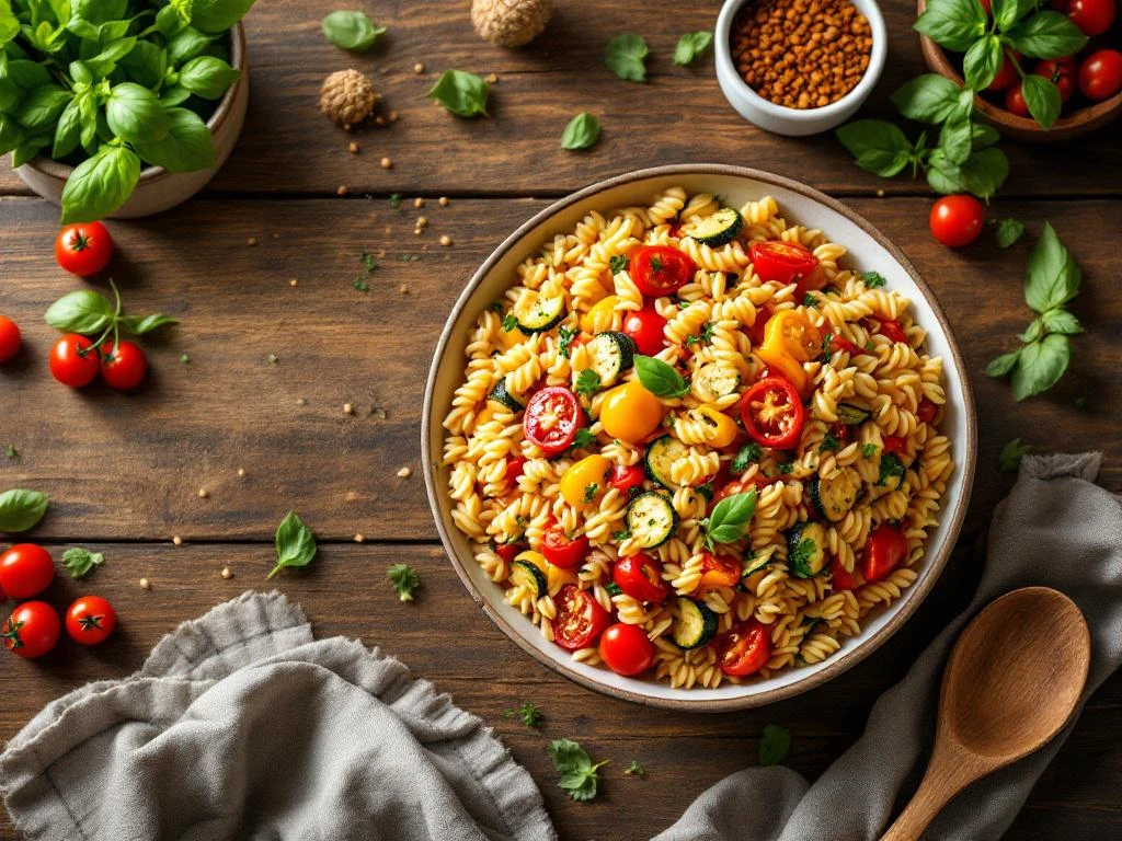 Kleurrijke orzo pasta met geroosterde groenten in kom op rustieke houten tafel met verse basilicum en kruiden