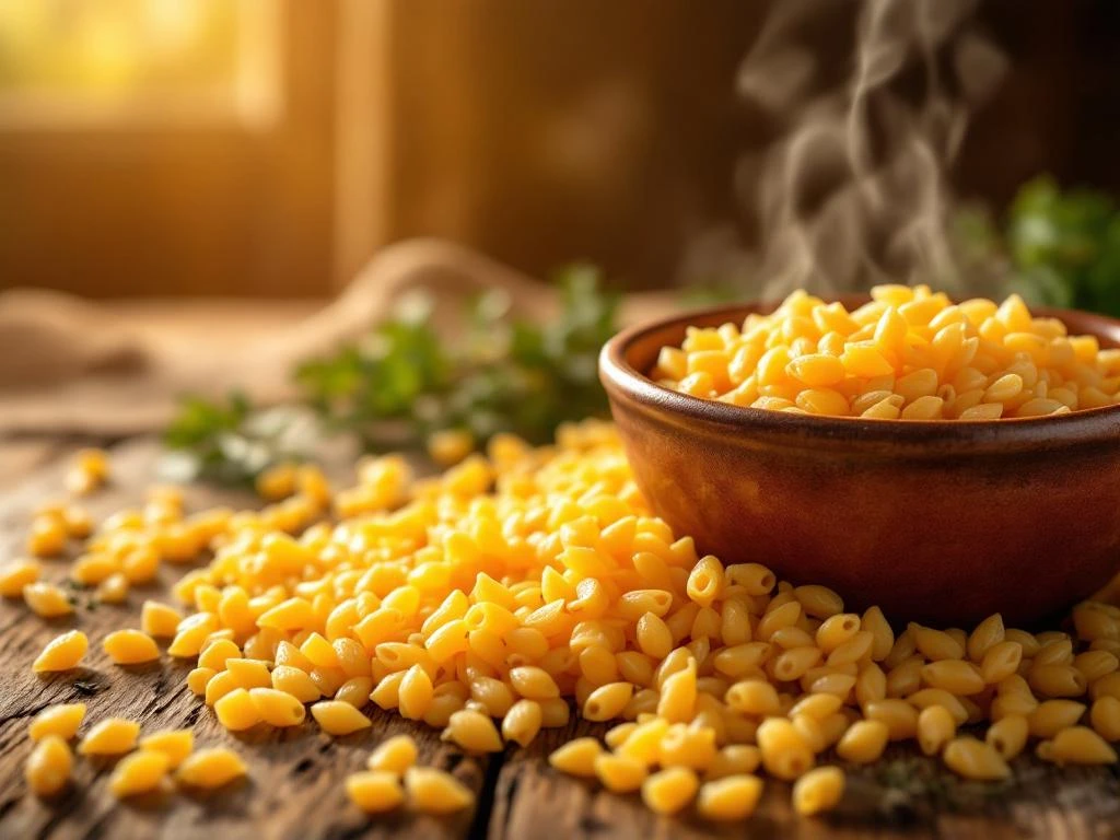 Gouden orzo pasta op rustieke houten ondergrond met stoomende kom op achtergrond in warm natuurlijk licht