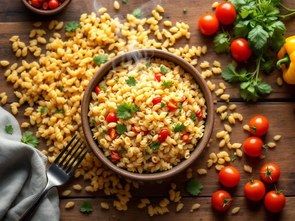 Gouden orzo pasta op houten snijplank met dampende kom cremige orzo met groenten, kruiden en paprika's
