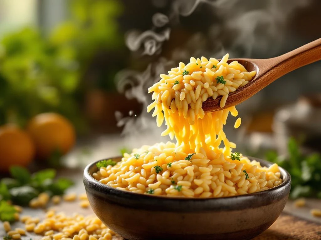 Gekookte orzo pasta valt van houten lepel in rustieke kom, met stoom en gouden verlichting in keuken