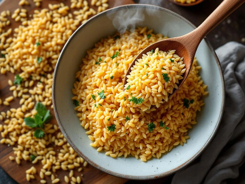 Gekookte orzo pasta valt van houten lepel in kom, met stoom en verse kruiden op rustieke snijplank
