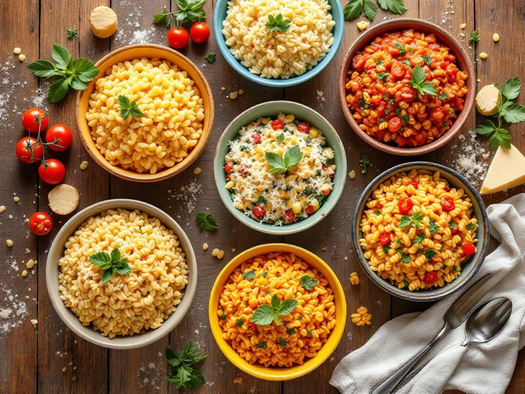 Kleurrijke kommen orzo pasta voor kinderen op rustieke houten tafel met verse kruiden en tomaten