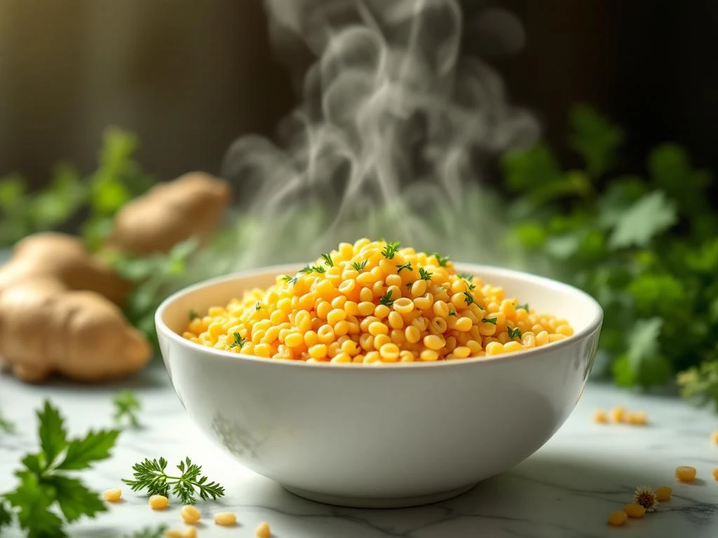 Gouden orzo pasta valt in witte kom, omgeven door verse kruiden, gember en kamille op marmeren oppervlak