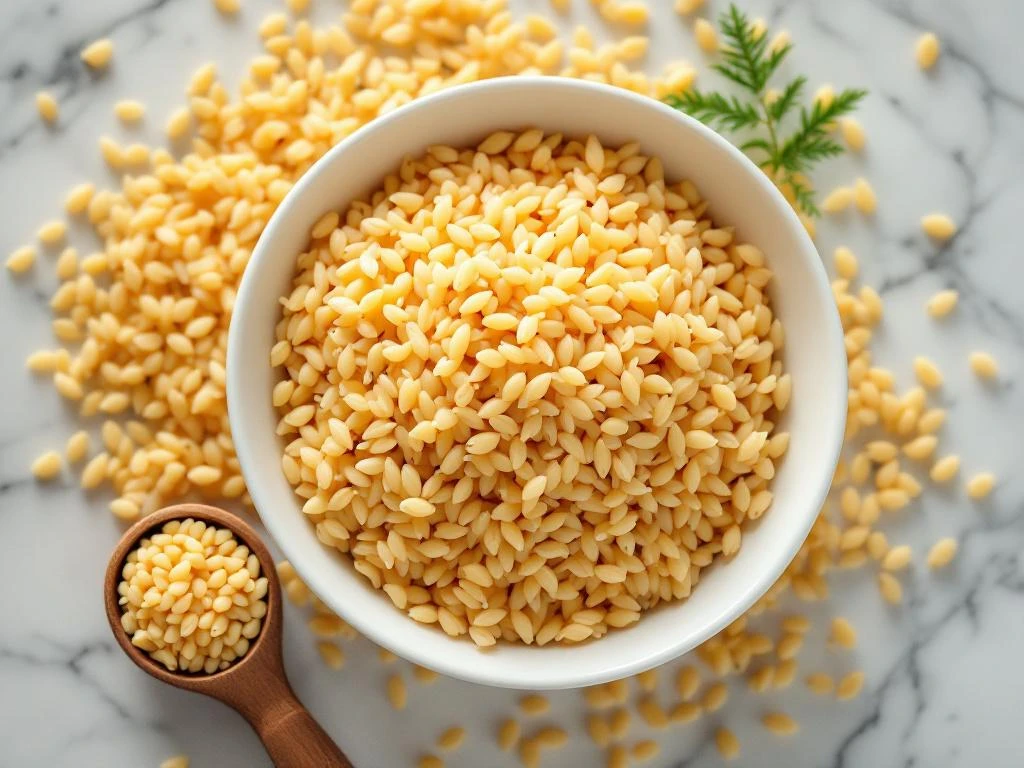 Gekookte orzo pasta in witte kom op marmeren oppervlak met rauwe korrels en houten lepel eromheen