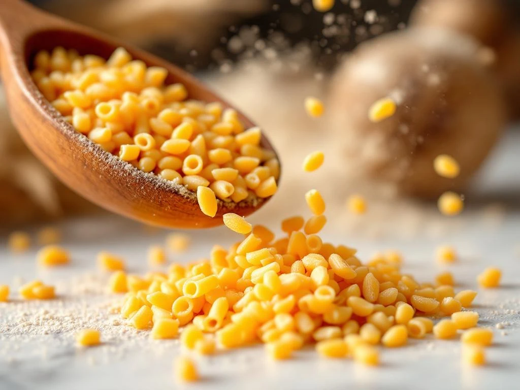 Gouden orzo pasta valt van houten lepel op marmeren oppervlak met tarwestengels op achtergrond