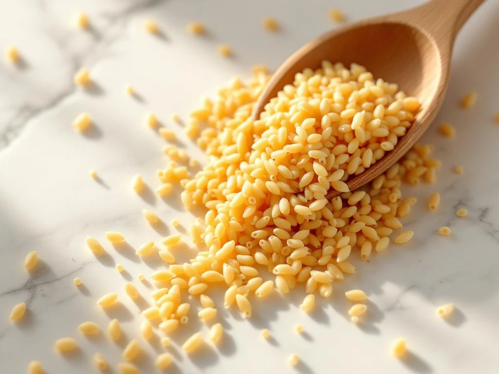 Ongekookte orzo pasta verspreid over wit marmer oppervlak met natuurlijk licht en houten lepel