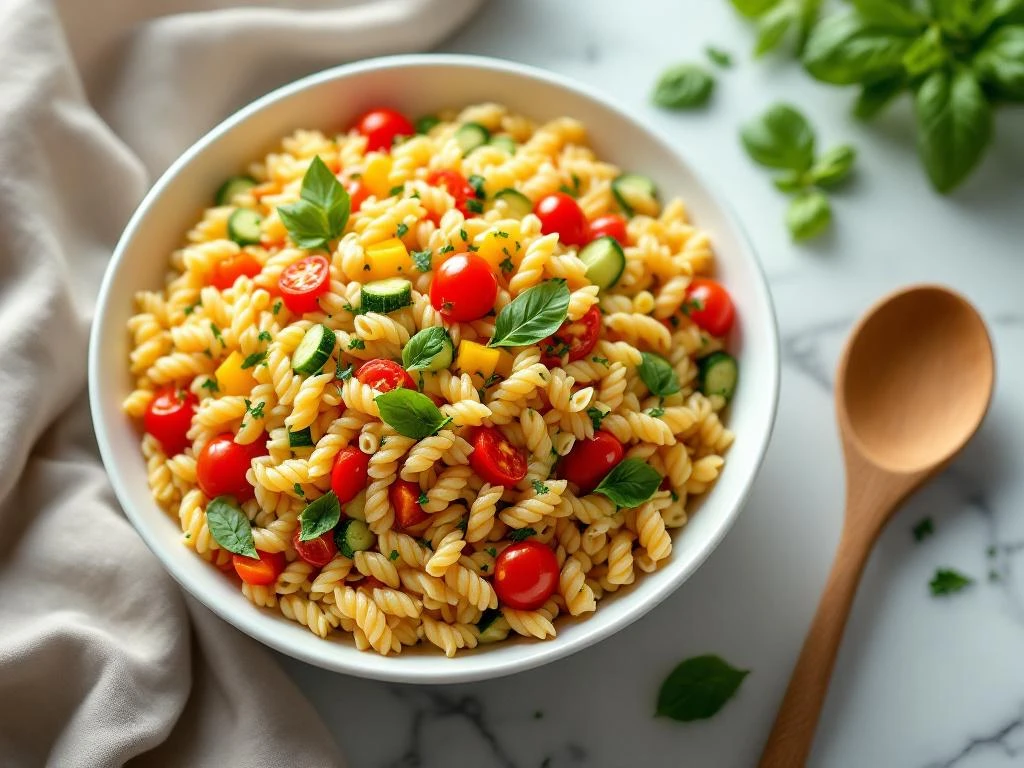 Orzo pastasalade met paprika, komkommer en tomaten in witte kom op marmeren ondergrond met basilicum