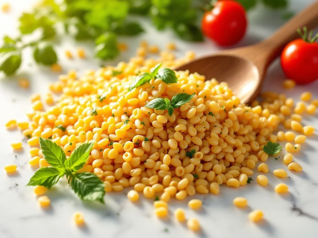 Gouden orzo pasta op wit marmer met verse basilicum, peterselie, cherrytomaatjes en houten lepel in natuurlijk licht