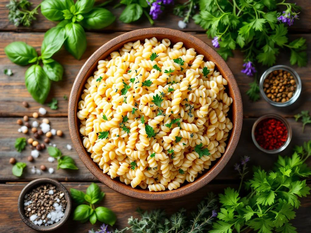 Cremige orzo pasta in rustieke kom omringd door verse basilicum, oregano, tijm en peterselie op houten ondergrond