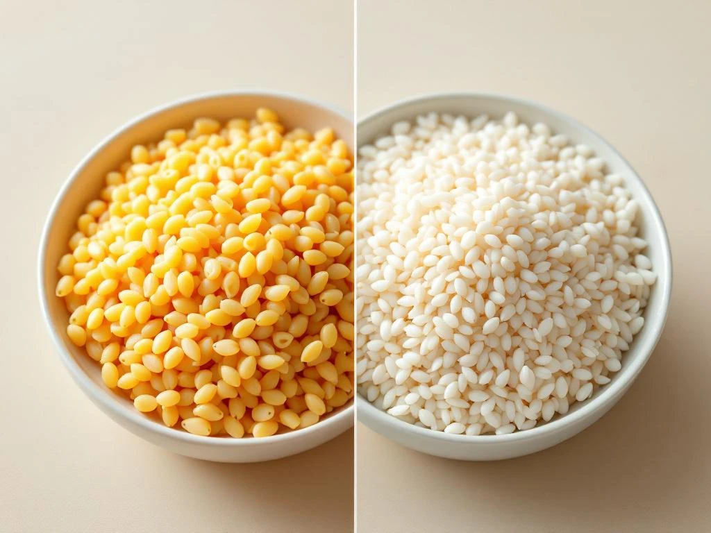 Orzo pasta en witte rijst in witte kommen, split-screen vergelijking van korrelstructuren met natuurlijke belichting